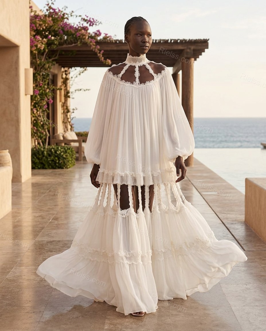 White Maxi Tiered Chiffon Dress, walking lifestyle view, by Rieiss