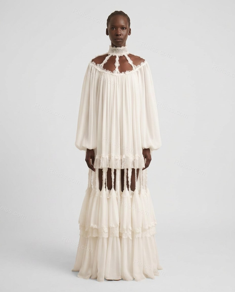 White Maxi Tiered Chiffon Dress, front studio view, by Rieiss