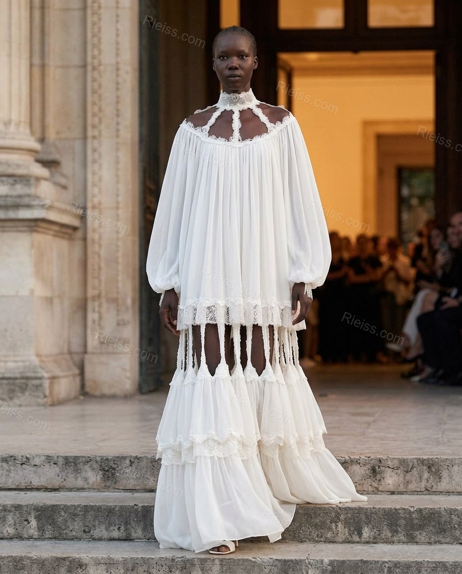 White Maxi Tiered Chiffon Dress, movement and fit lifestyle view, by Rieiss