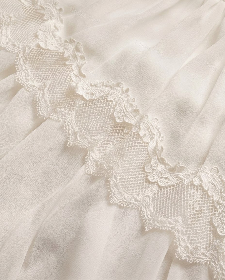 White Maxi Tiered Chiffon Dress, close-up of lace trim, cut-out and tiered skirt, by Rieiss