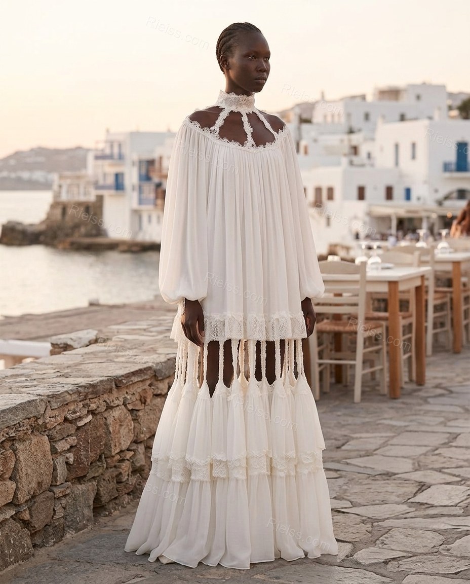 White Maxi Tiered Chiffon Dress, three-quarter brand lifestyle view, by Rieiss