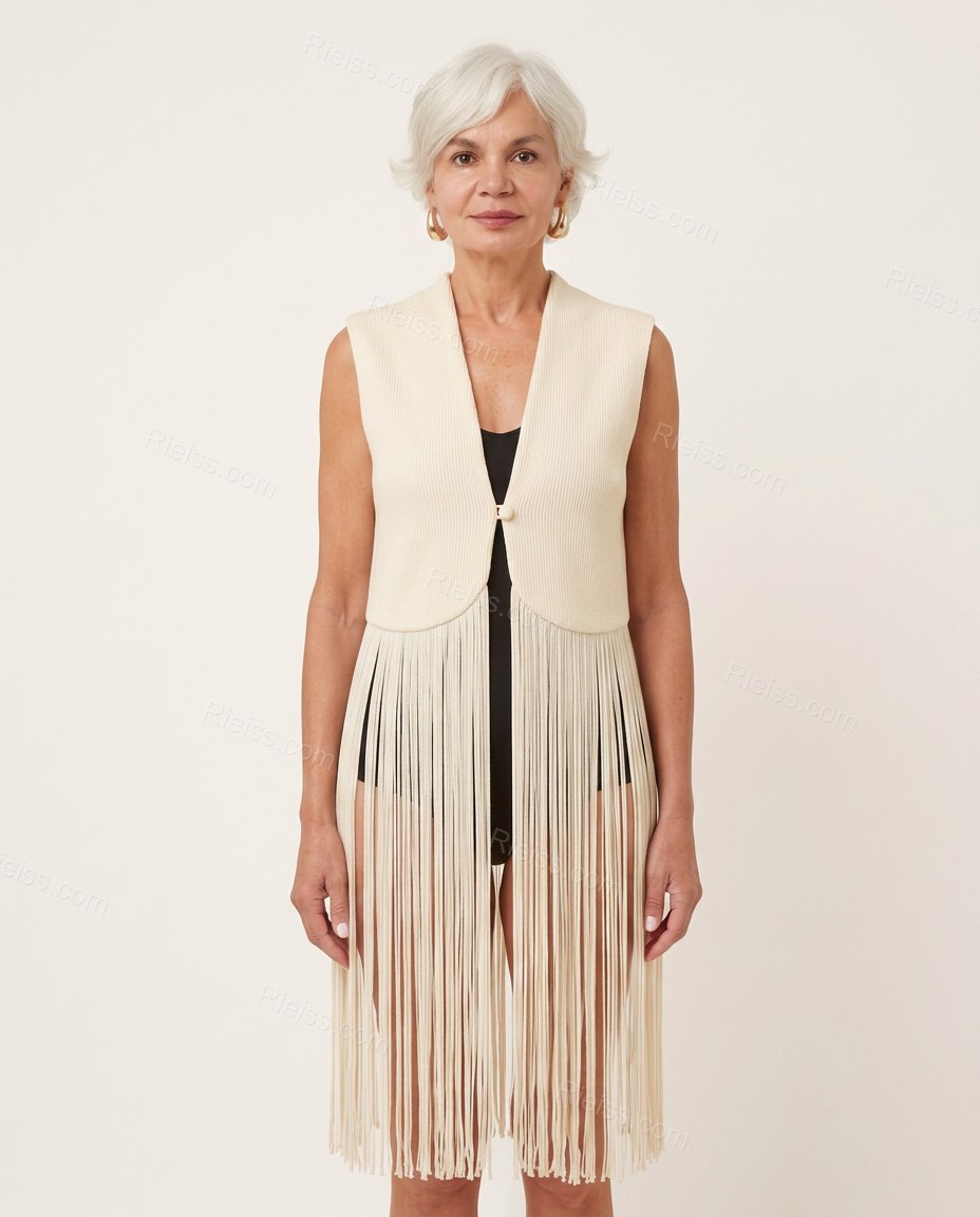 Cream Fringe Knit Ribbed Vest, front studio view, by Rieiss