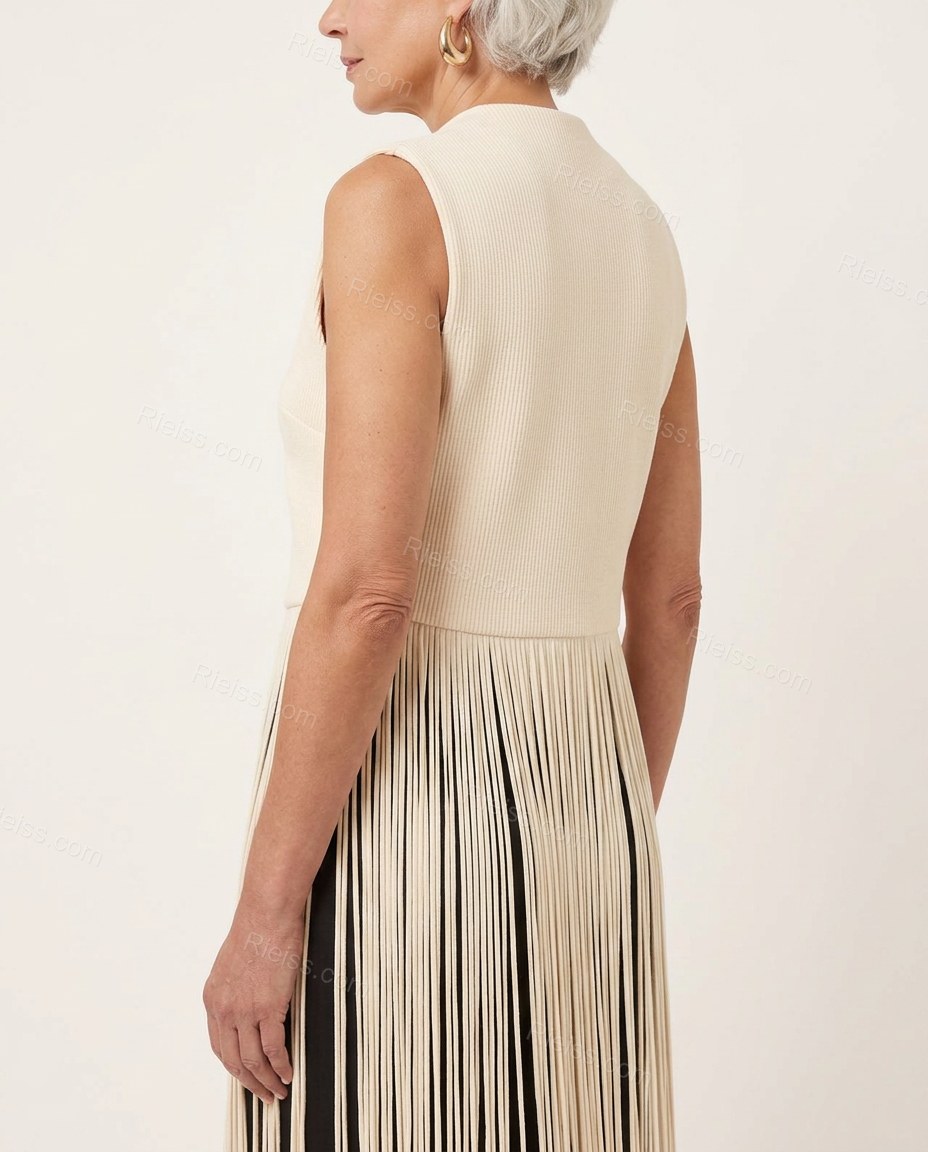 Cream Fringe Knit Ribbed Vest, back studio view, by Rieiss