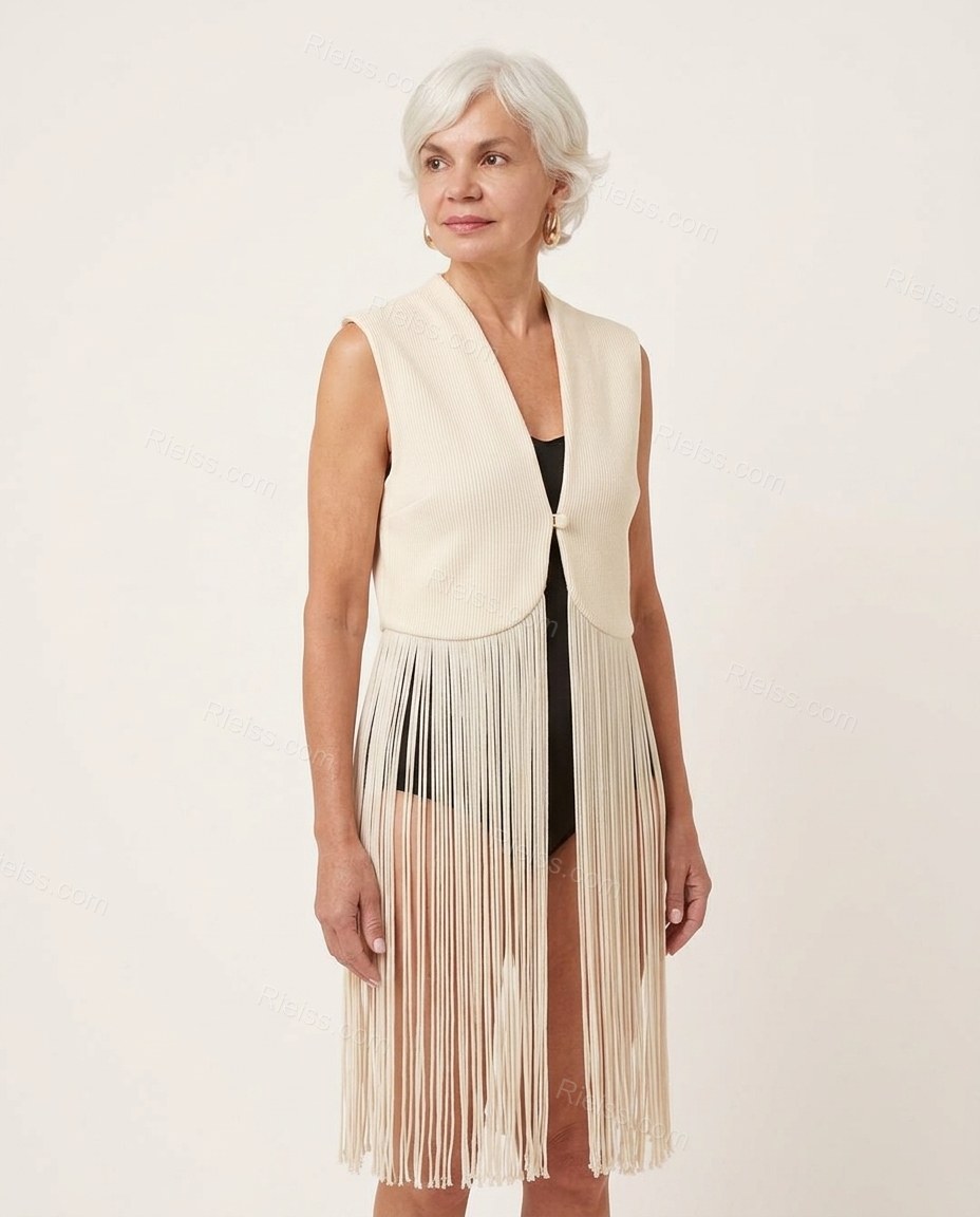 Cream Fringe Knit Ribbed Vest, full-length hero view, by Rieiss