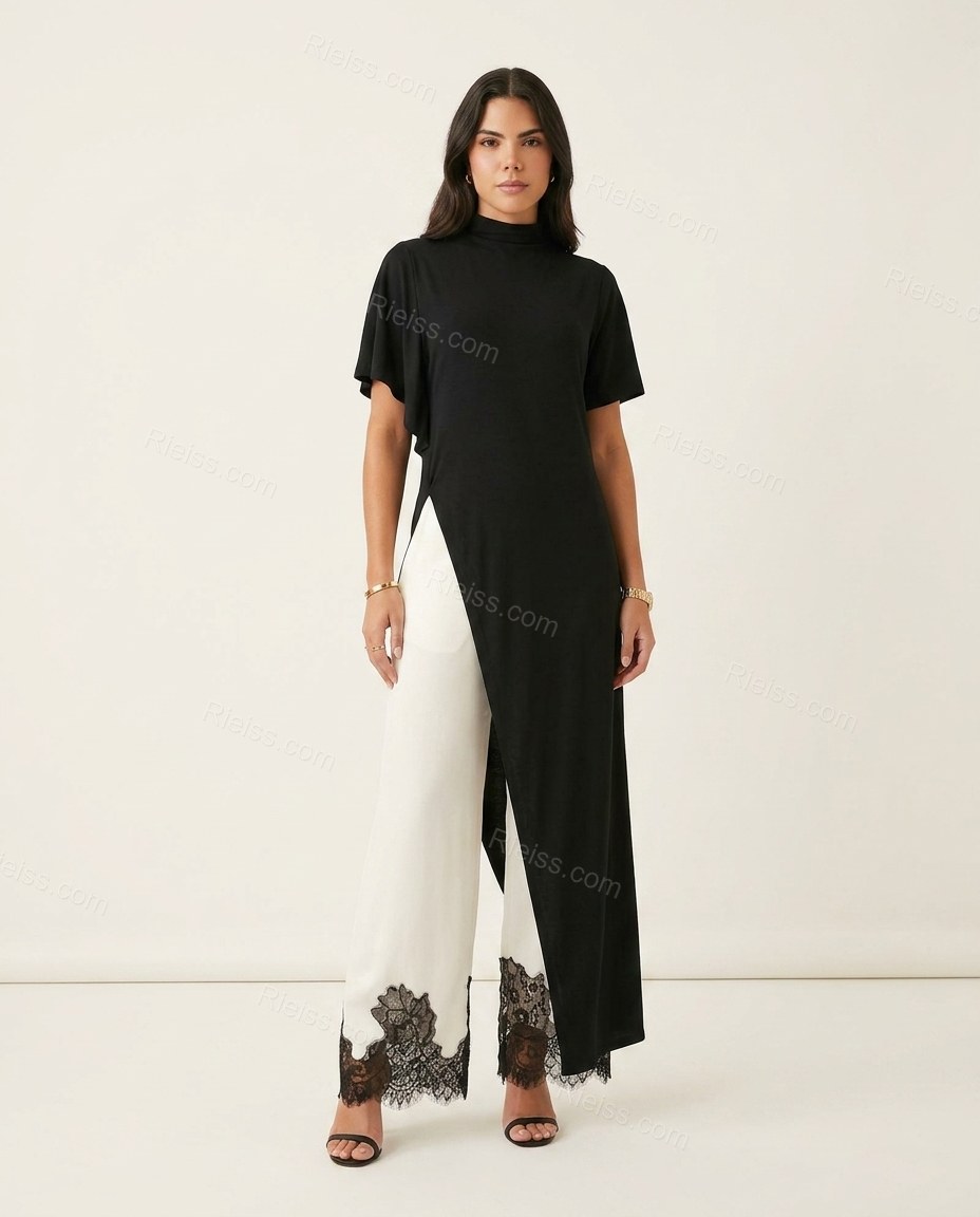 Black High-Low Asymmetric Lace Tunic & Pants Set, front studio view, by Rieiss