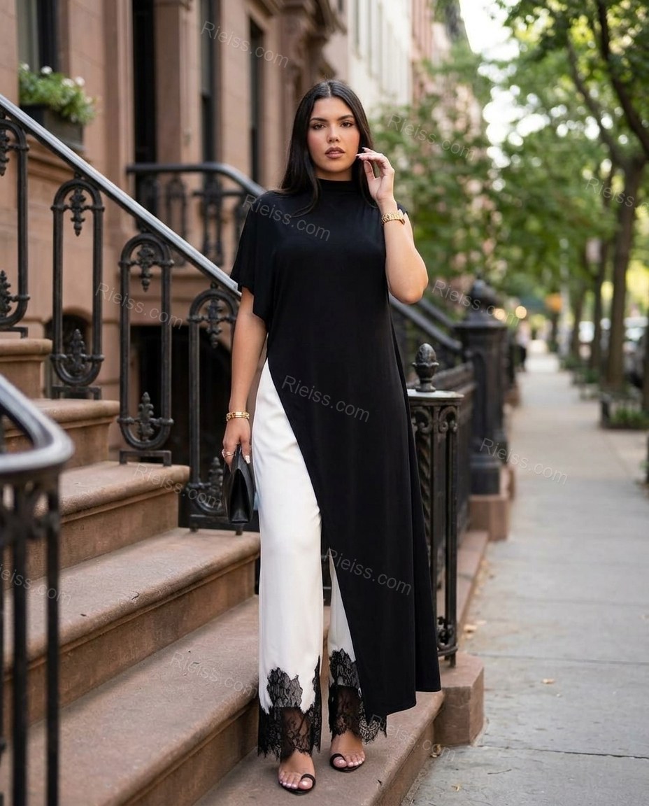 Black High-Low Asymmetric Lace Tunic & Pants Set, three-quarter brand lifestyle view, by Rieiss