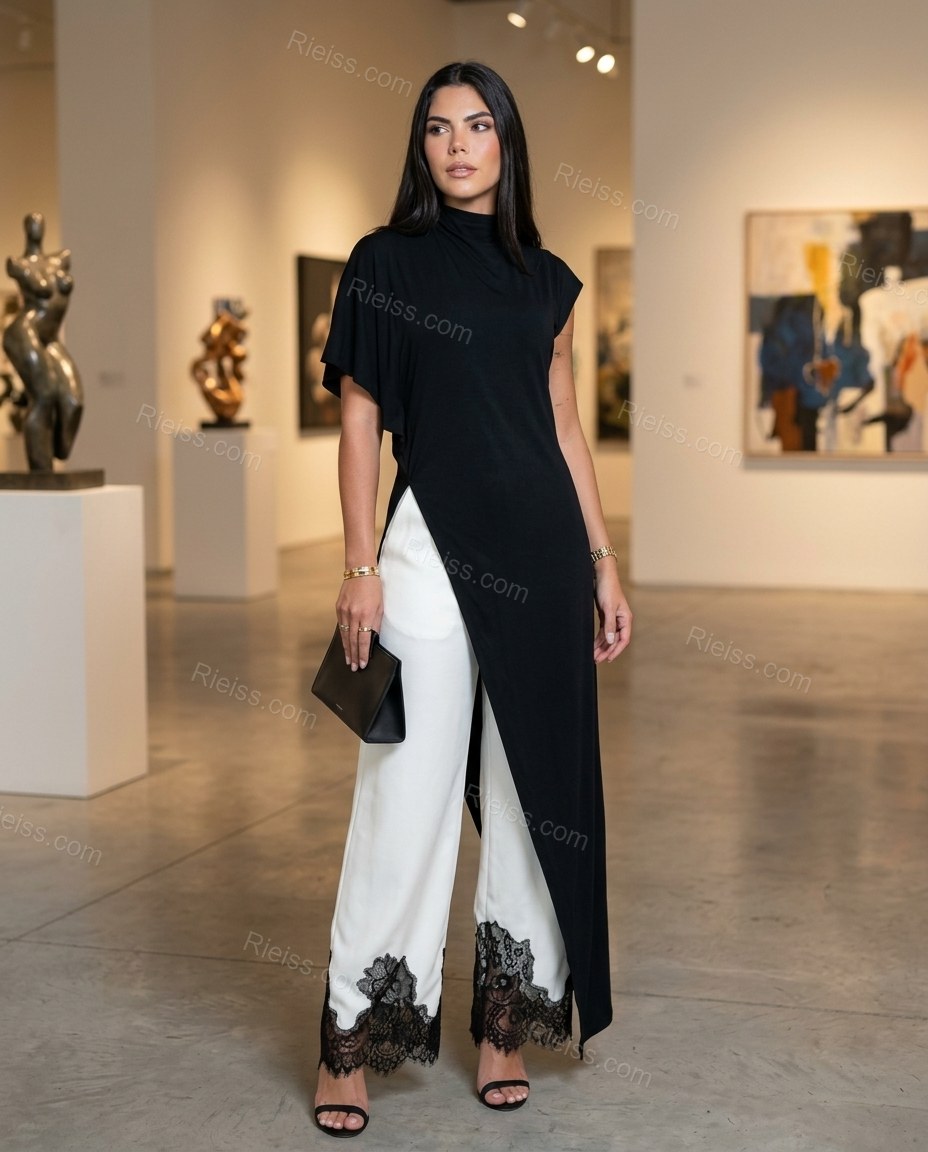 Black High-Low Asymmetric Lace Tunic & Pants Set, alternate use-case lifestyle view, by Rieiss