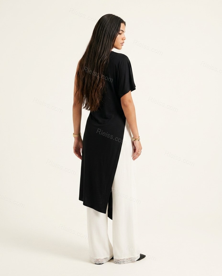 Black High-Low Asymmetric Lace Tunic & Pants Set, back studio view, by Rieiss