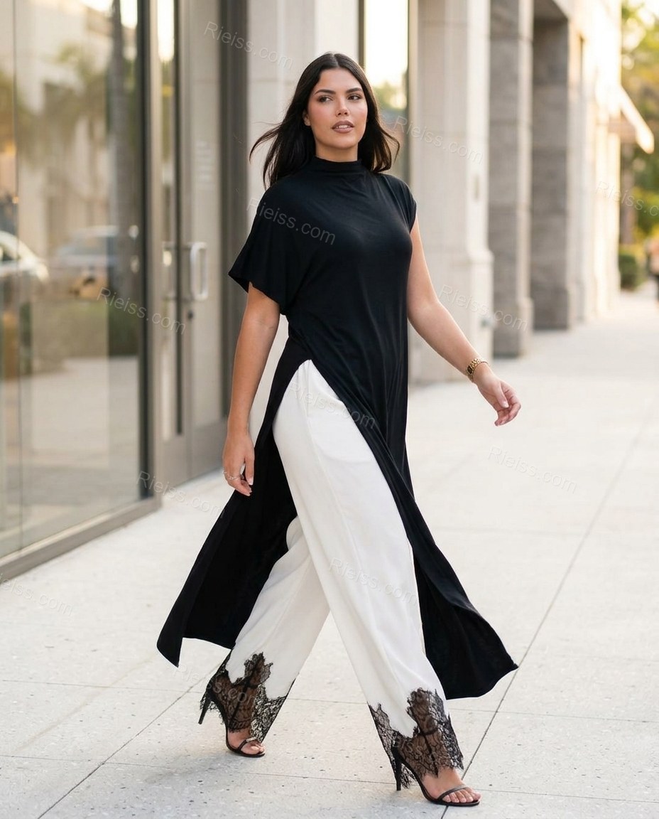 Black High-Low Asymmetric Lace Tunic & Pants Set, walking lifestyle view, by Rieiss