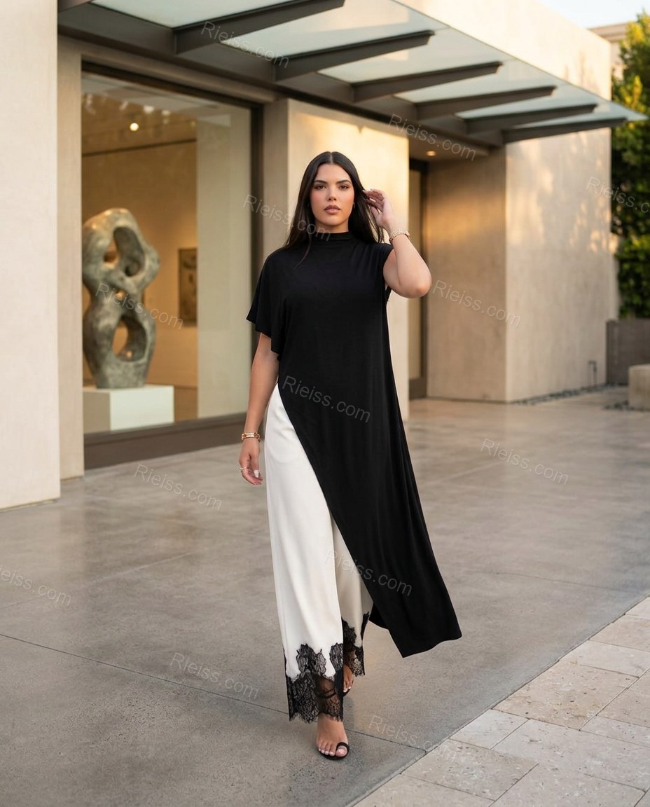 Black High-Low Asymmetric Lace Tunic & Pants Set, movement and fit lifestyle view, by Rieiss