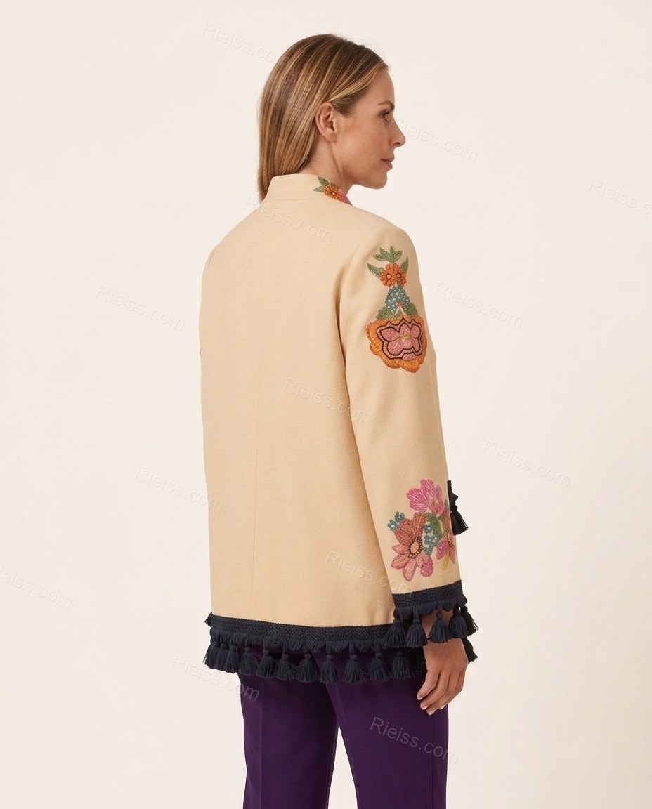 Beige Floral Embroidered Fringe Jacket, back studio view, by Rieiss