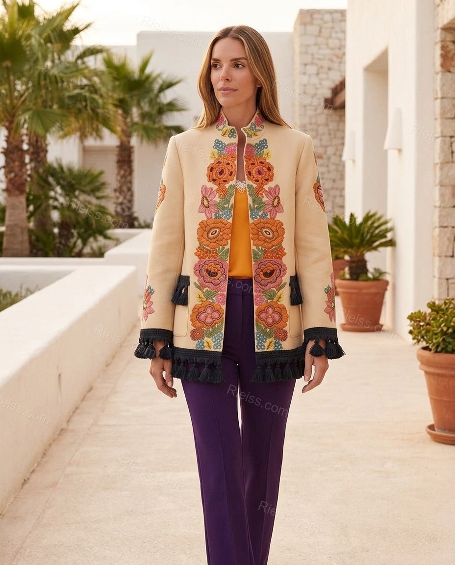 Beige Floral Embroidered Fringe Jacket, alternate use-case lifestyle view, by Rieiss