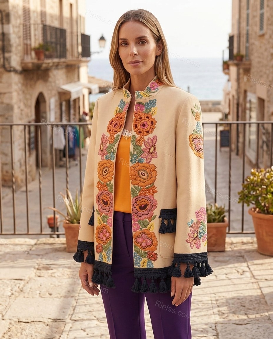 Beige Floral Embroidered Fringe Jacket, three-quarter brand lifestyle view, by Rieiss