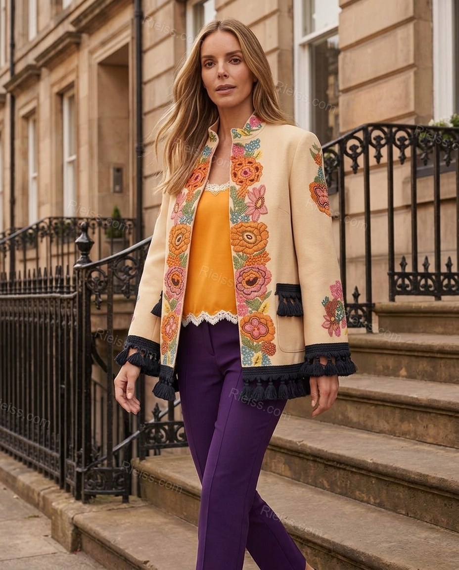 Beige Floral Embroidered Fringe Jacket, movement and fit lifestyle view, by Rieiss