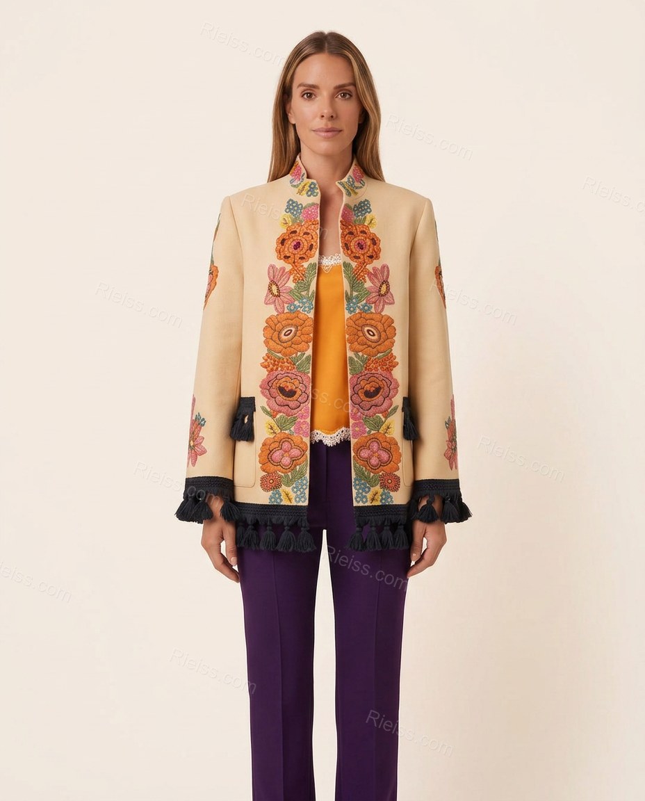 Beige Floral Embroidered Fringe Jacket, front studio view, by Rieiss