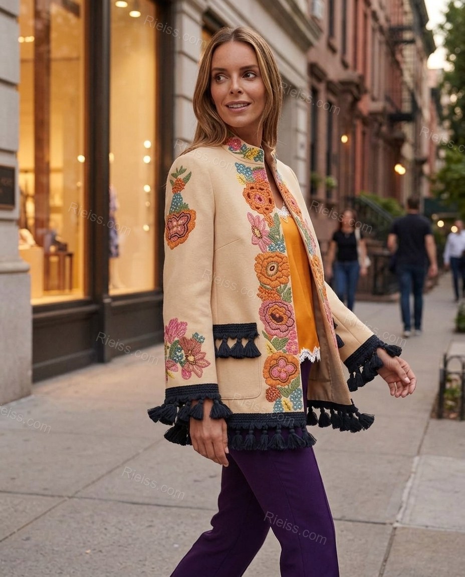 Beige Floral Embroidered Fringe Jacket, walking lifestyle view, by Rieiss
