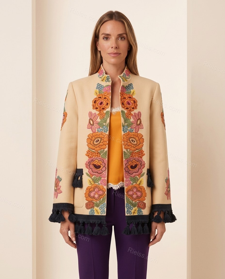 Beige Floral Embroidered Fringe Jacket, full-length hero view, by Rieiss