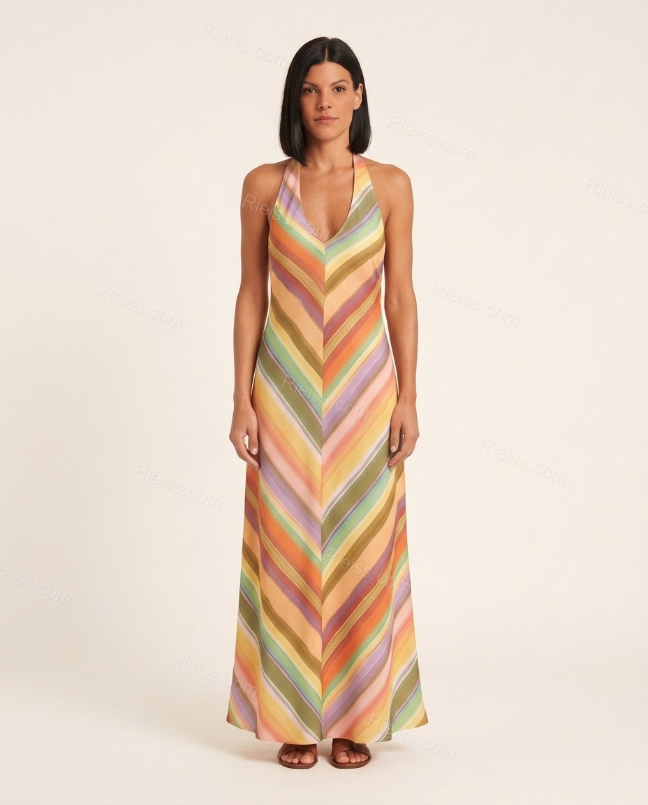 Orange Striped Maxi Open-Back Dress, front studio view, by Rieiss