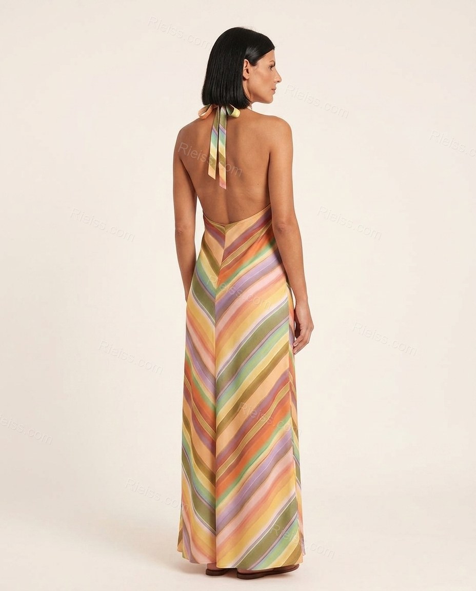 Orange Striped Maxi Open-Back Dress, back studio view showing open back design with halter neck tie, by Rieiss