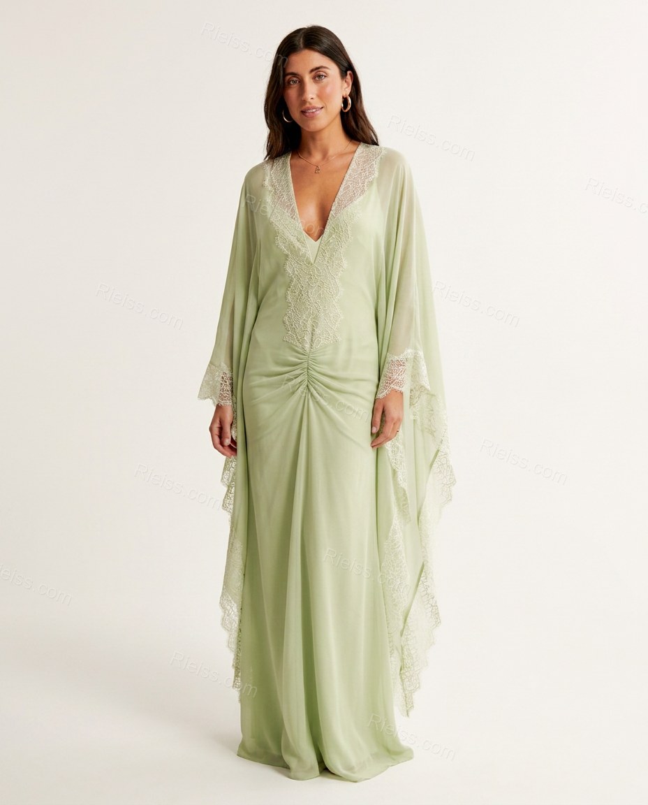 Light Green Maxi Chiffon Lace Dress, front studio view, by Rieiss