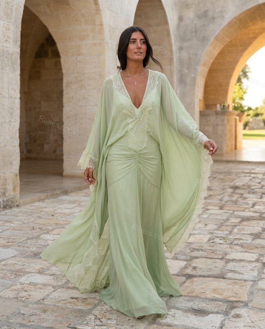 Light Green Maxi Chiffon Lace Dress, walking lifestyle view, by Rieiss