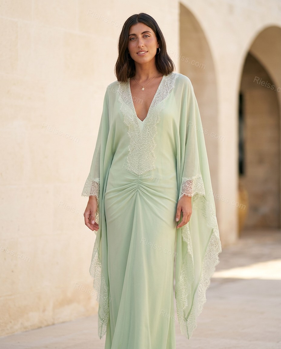 Light Green Maxi Chiffon Lace Dress, full-length hero view, by Rieiss