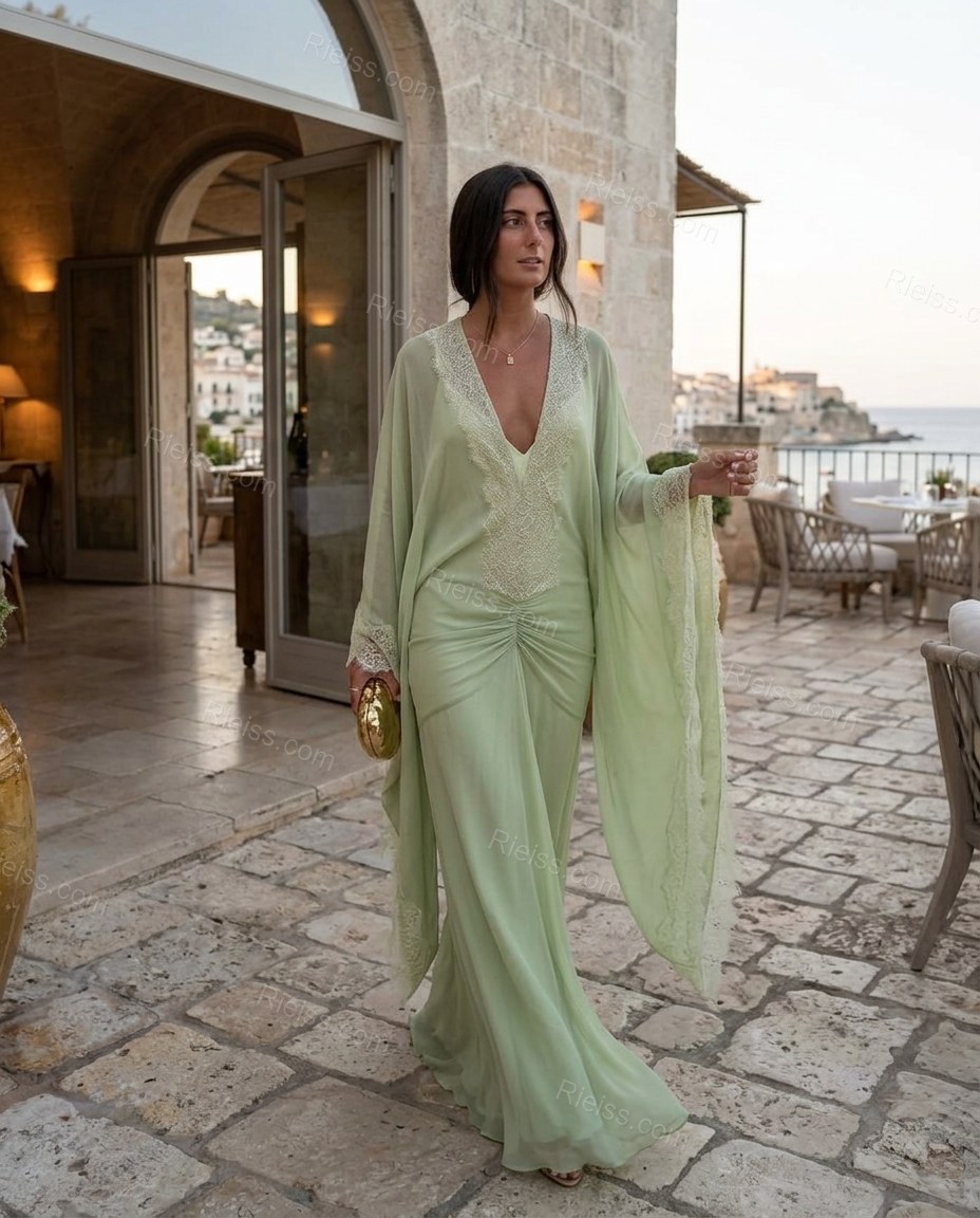 Light Green Maxi Chiffon Lace Dress, movement and fit lifestyle view, by Rieiss