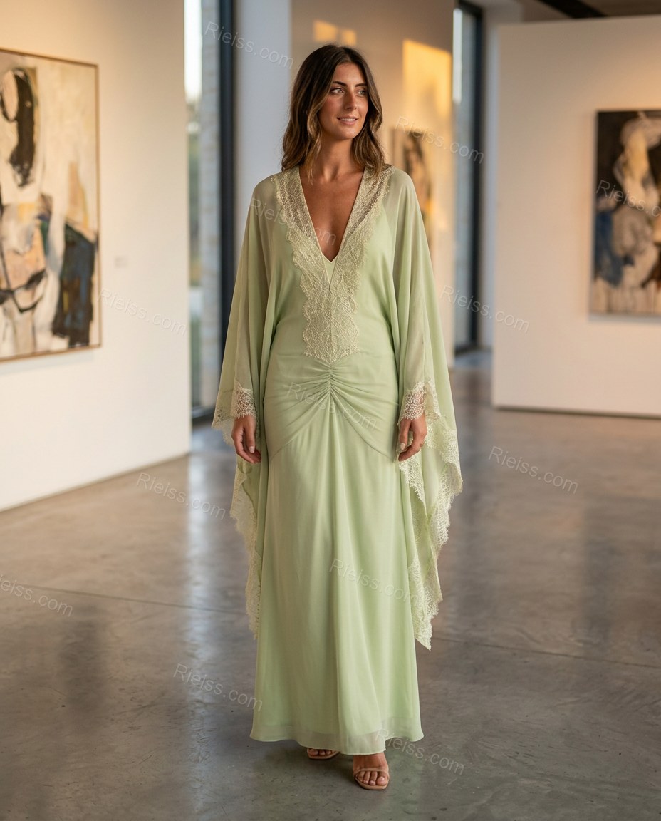 Light Green Maxi Chiffon Lace Dress, three-quarter brand lifestyle view, by Rieiss