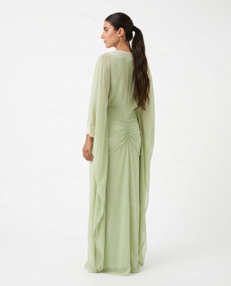 Light Green Maxi Chiffon Lace Dress, back studio view, by Rieiss