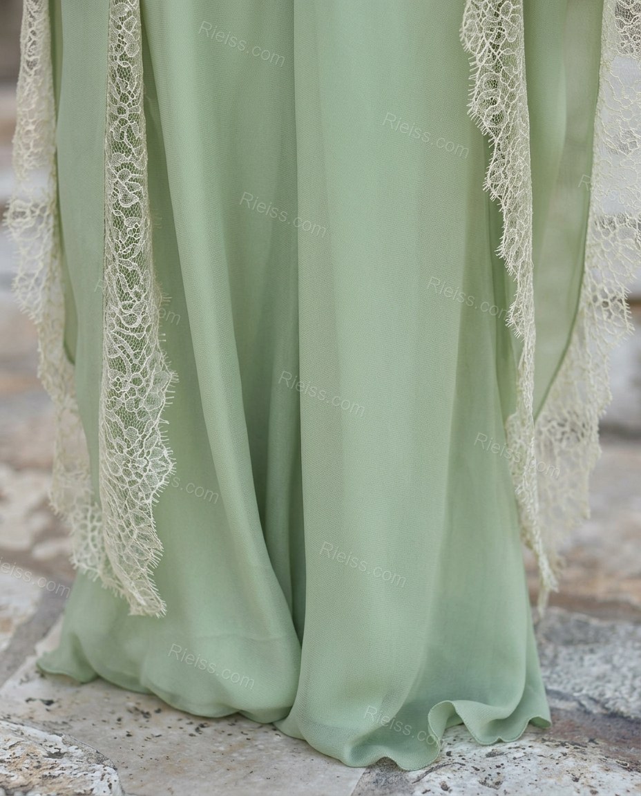 Light Green Maxi Chiffon Lace Dress, close-up of white accents, lace trim and ruched center front, by Rieiss