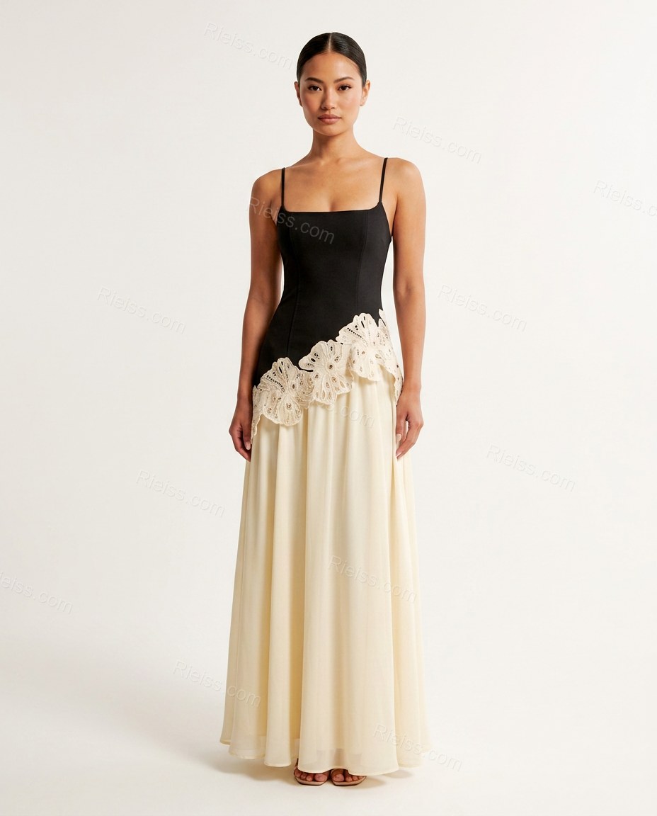 Black Color-Block Maxi Open-Back Dress, front studio view, by Rieiss