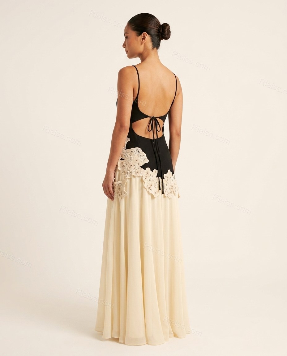 Black Color-Block Maxi Open-Back Dress, back studio view showing open back with a thin tie closure at the center back, by Rieiss