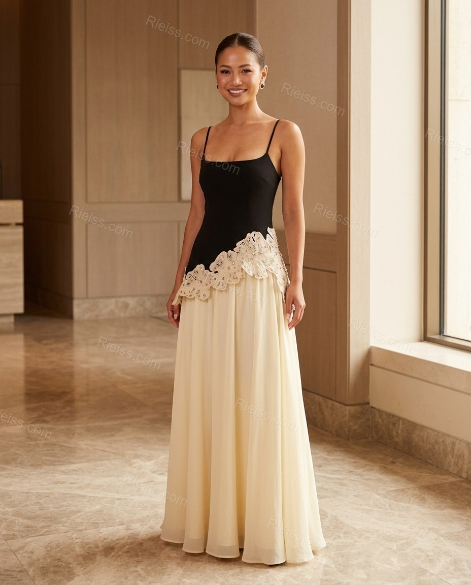 Black Color-Block Maxi Open-Back Dress, full-length hero view, by Rieiss