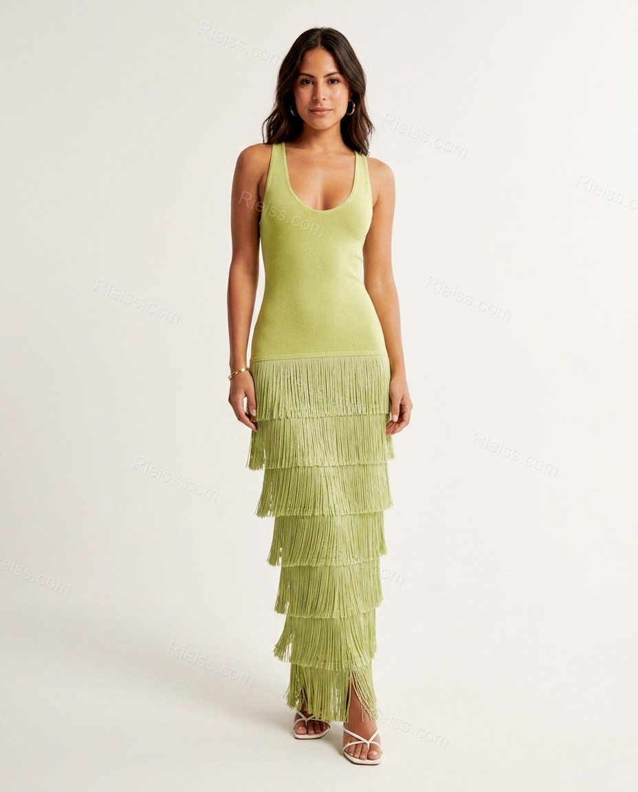 Green Maxi Tiered Fringe Dress, front studio view, by Rieiss