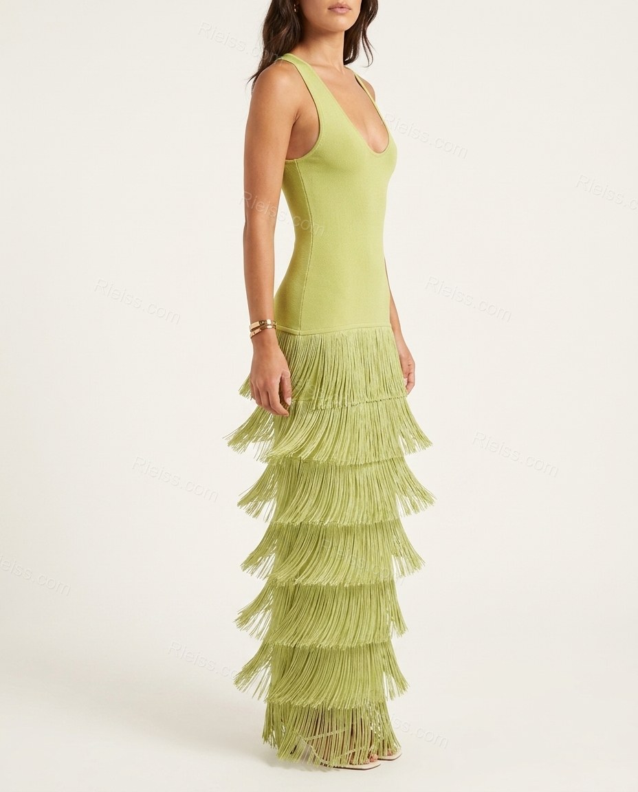 Green Maxi Tiered Fringe Dress, side and back studio view showing scooped back with tiered fringe continuing from the front, by Rieiss