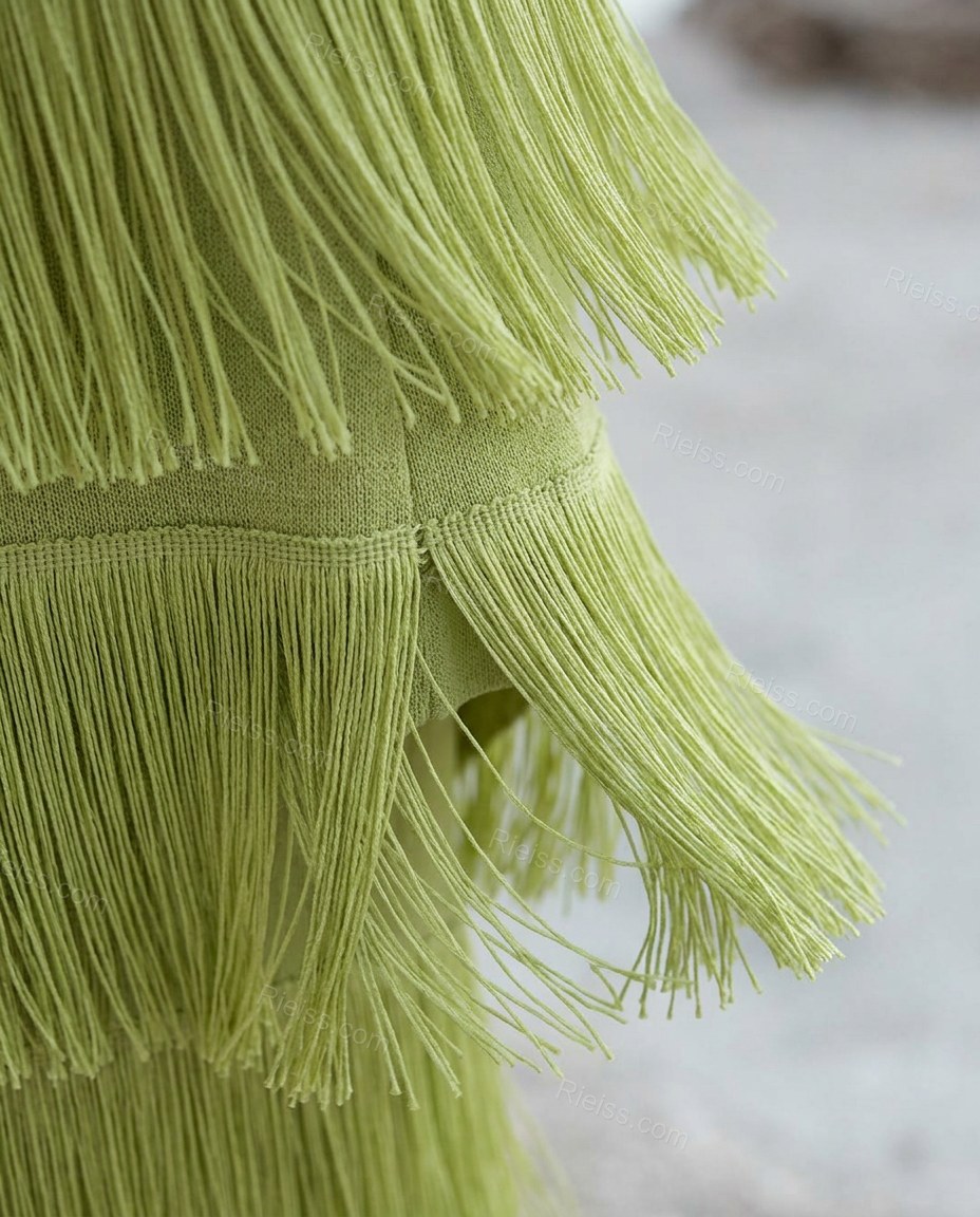 Green Maxi Tiered Fringe Dress, close-up of fringe, scoop neckline and maxi length, by Rieiss