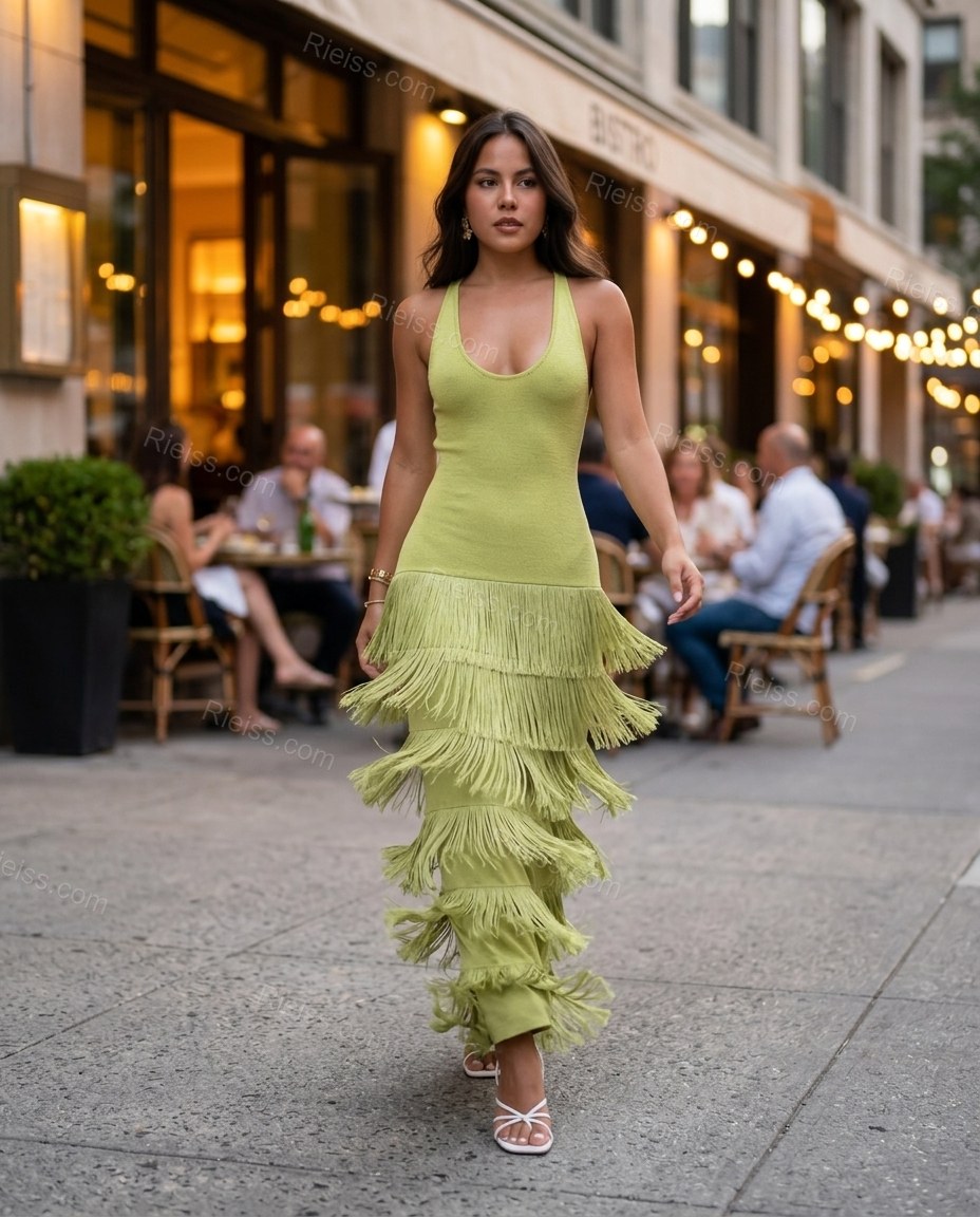 Green Maxi Tiered Fringe Dress, walking lifestyle view, by Rieiss