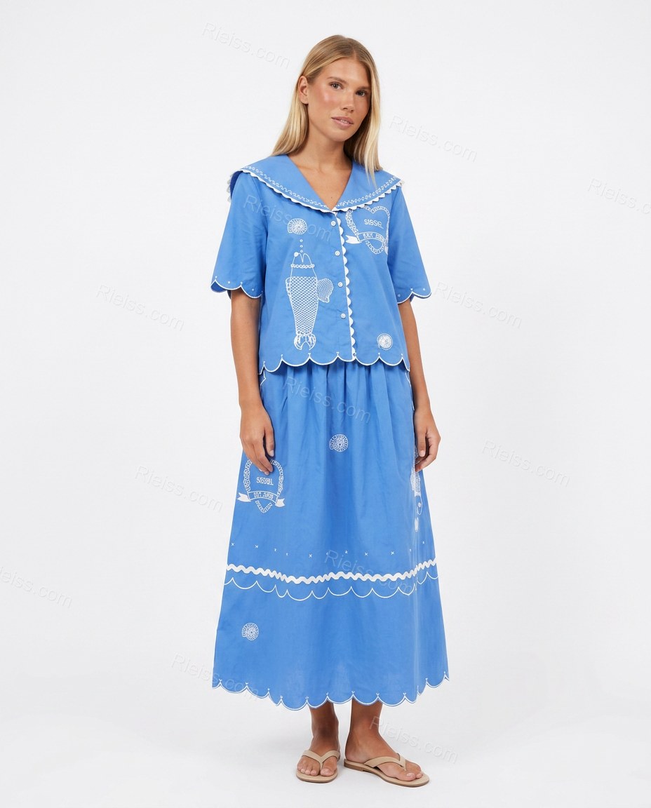 Blue Midi Embroidered Cotton Blouse & Skirt Set, front studio view, by Rieiss
