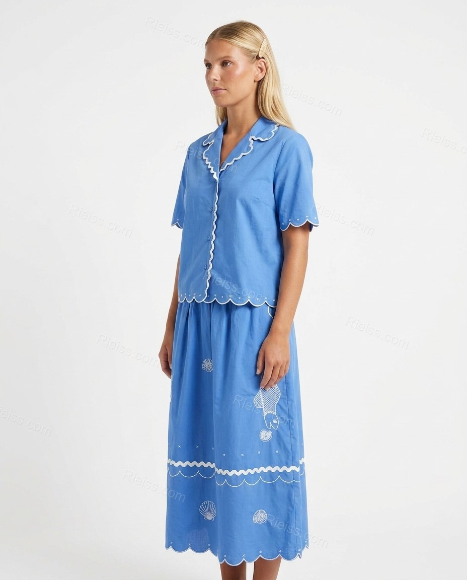 Blue Midi Embroidered Cotton Blouse & Skirt Set, side and back studio view showing nautical embroidery consistent with front, by Rieiss