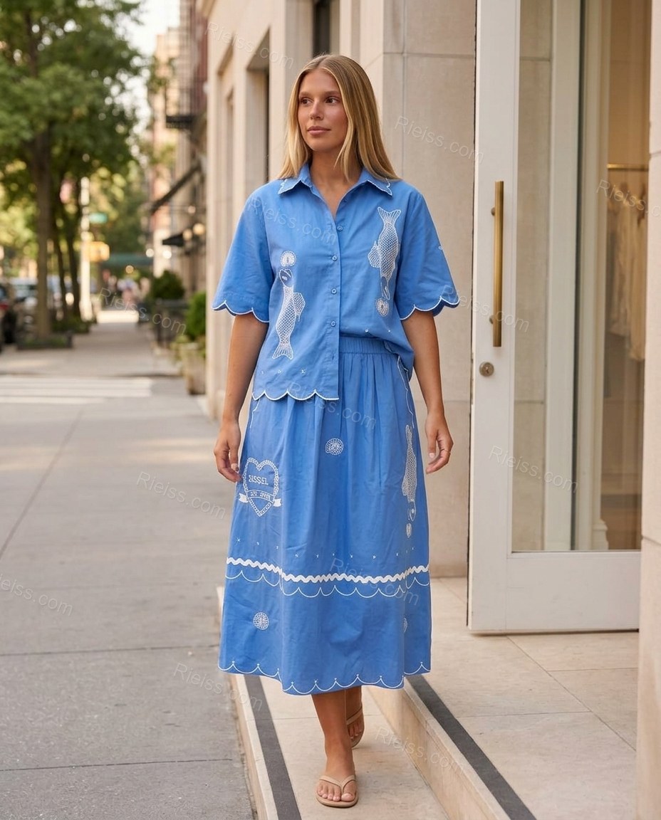 Blue Midi Embroidered Cotton Blouse & Skirt Set, movement and fit lifestyle view, by Rieiss