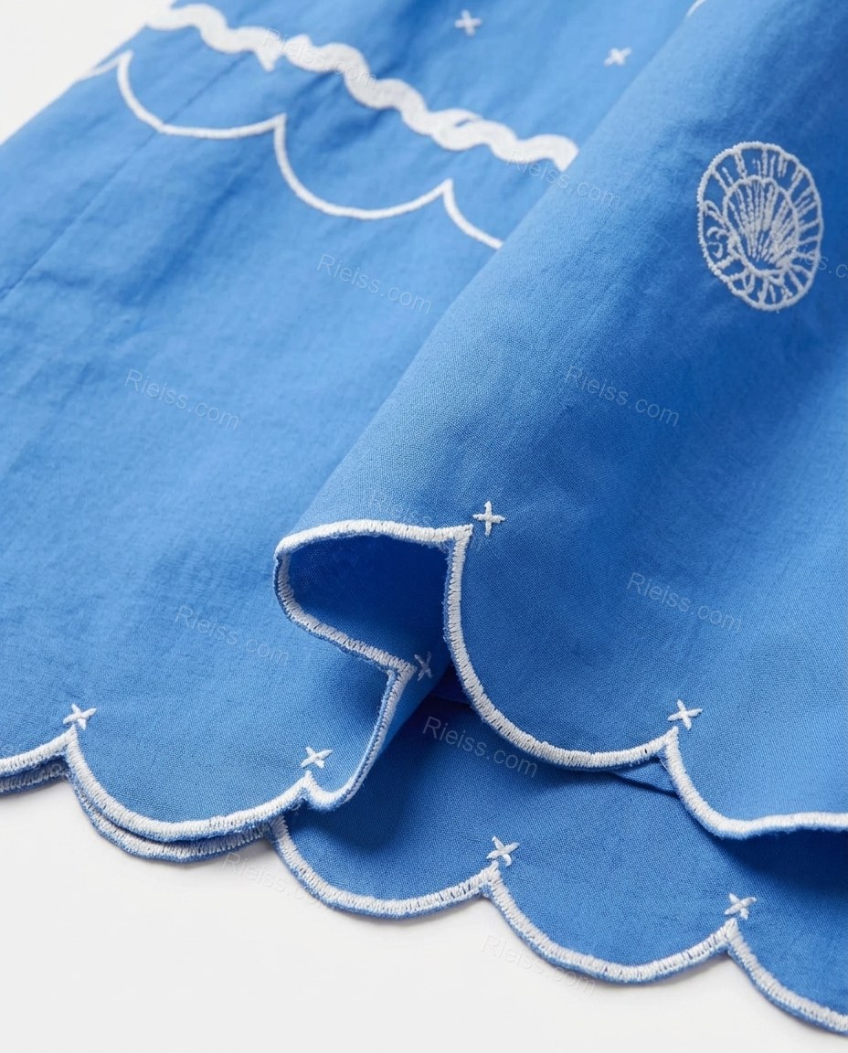 Blue Midi Embroidered Cotton Blouse & Skirt Set, close-up of scalloped hem, by Rieiss