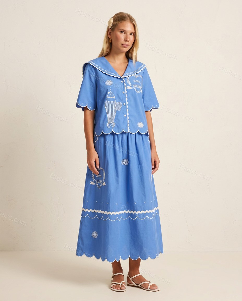 Blue Midi Embroidered Cotton Blouse & Skirt Set, full-length hero view, by Rieiss