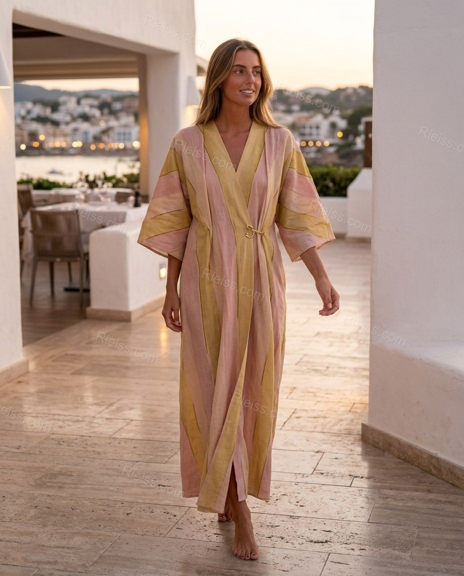 Pink Striped Maxi Dress, three-quarter brand lifestyle view, by Rieiss