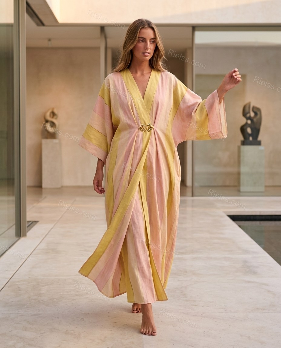 Pink Striped Maxi Dress, walking lifestyle view, by Rieiss