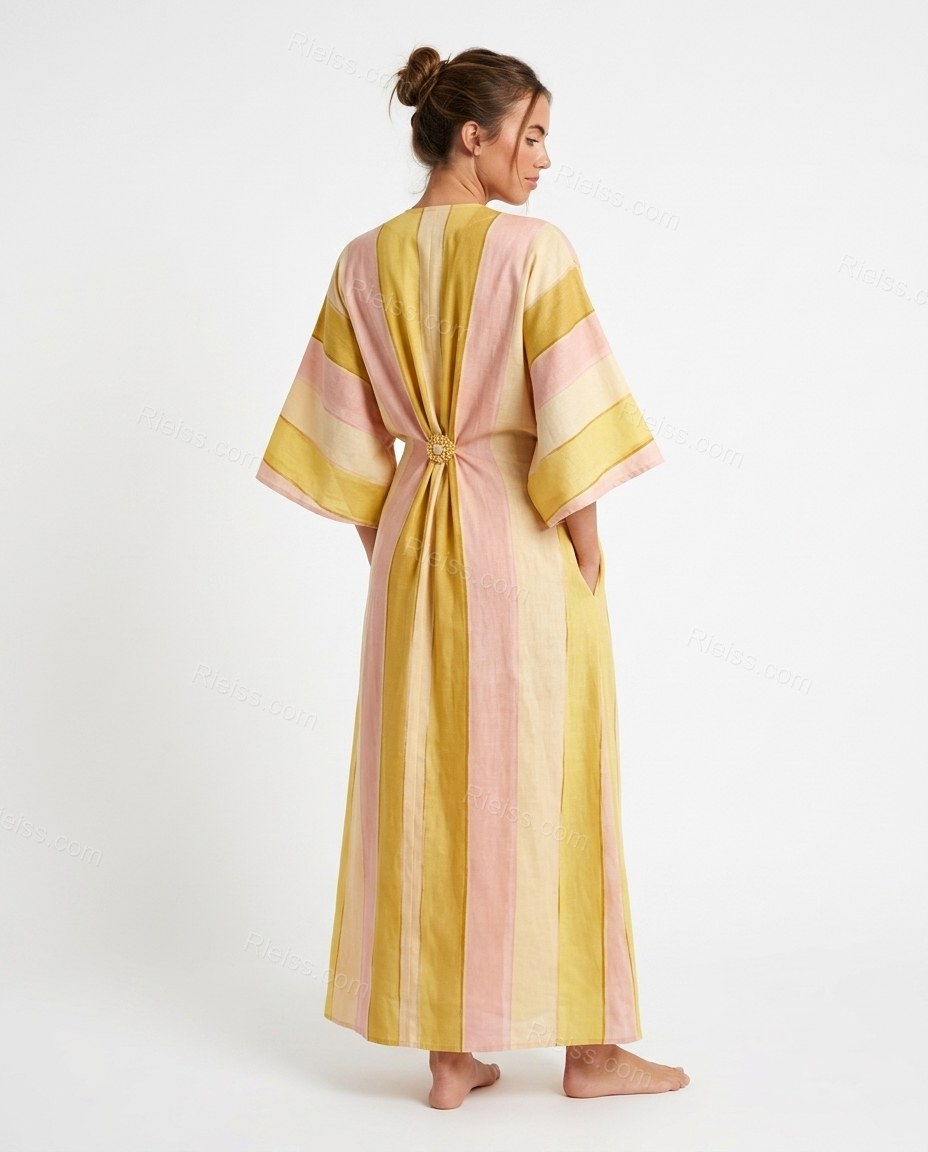 Pink Striped Maxi Dress, back studio view showing clean back with vertical stripe pattern, by Rieiss