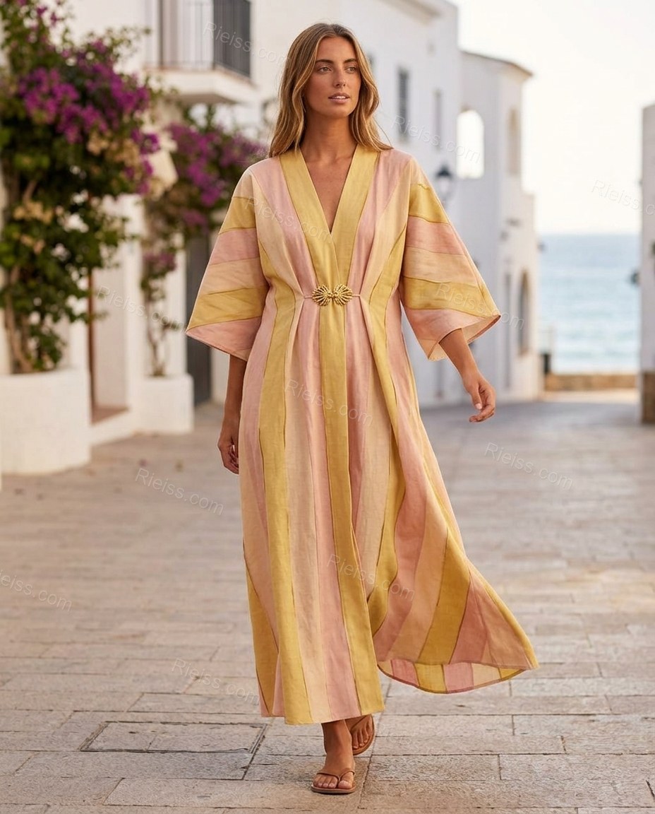 Pink Striped Maxi Dress, movement and fit lifestyle view, by Rieiss