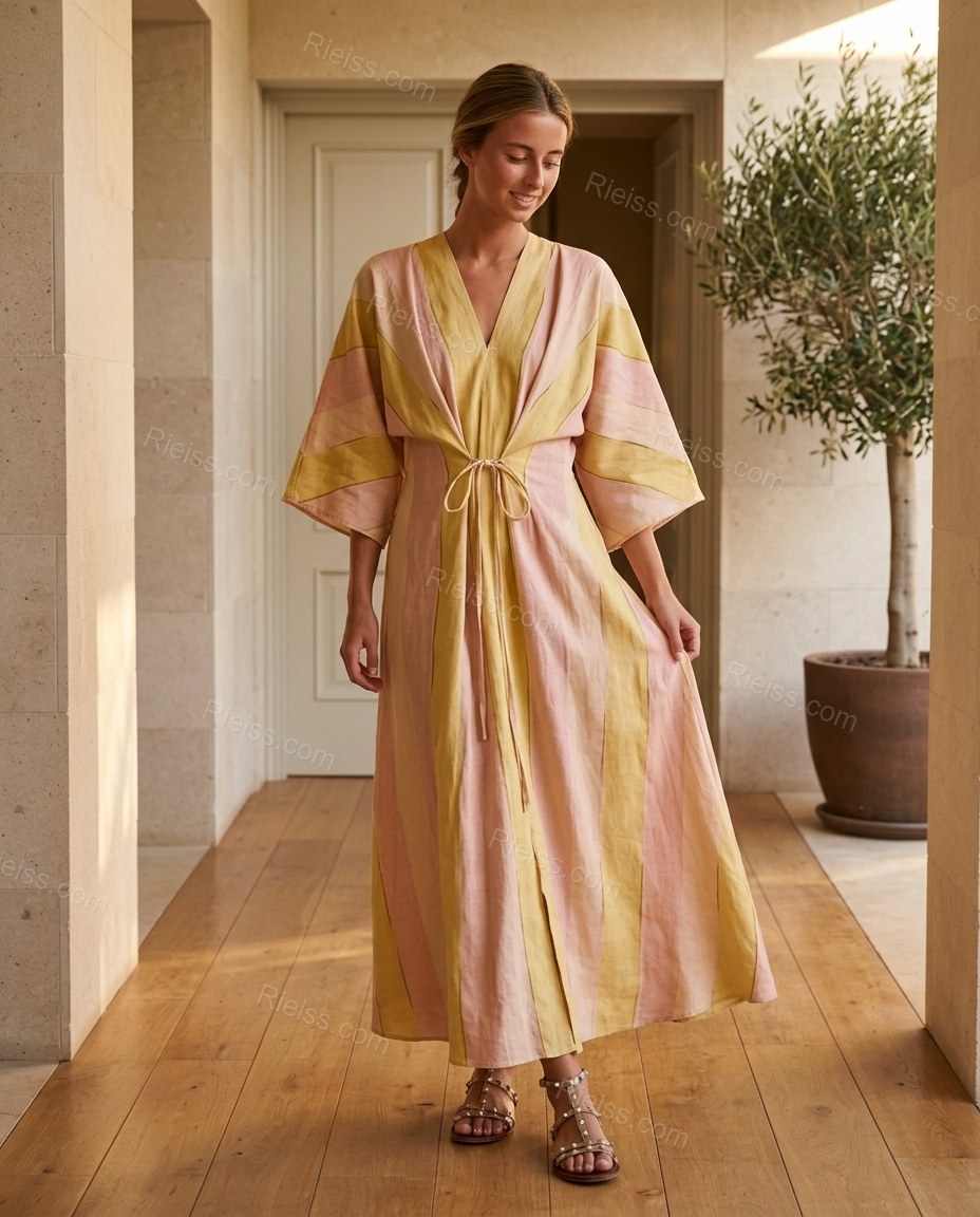 Pink Striped Maxi Dress, full-length hero view, by Rieiss