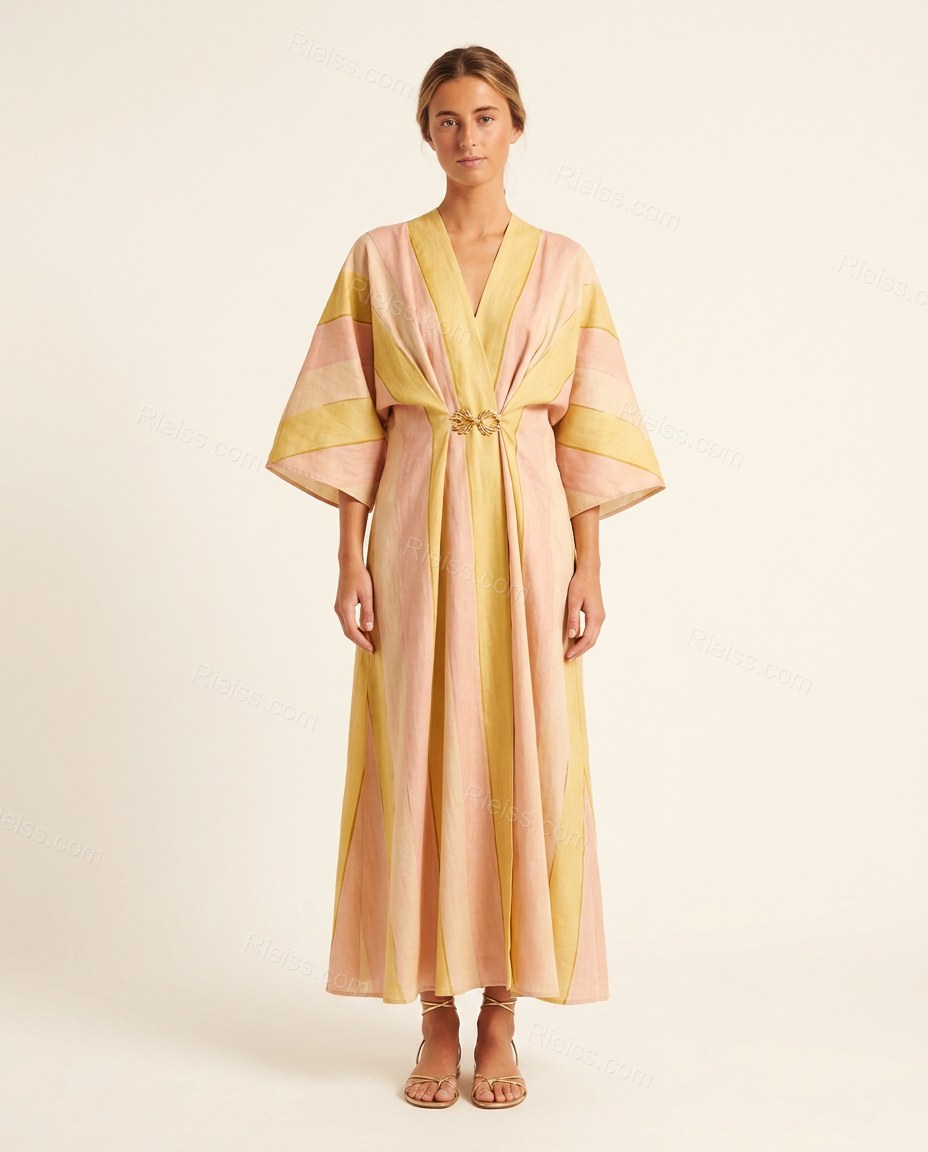 Pink Striped Maxi Dress, front studio view, by Rieiss