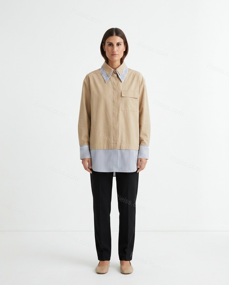 Beige Striped Cotton Outerwear, front studio view, by Rieiss