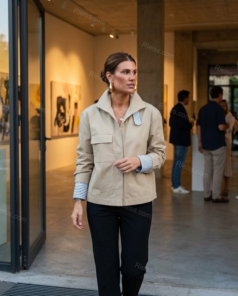 Beige Striped Cotton Outerwear, movement and fit lifestyle view, by Rieiss